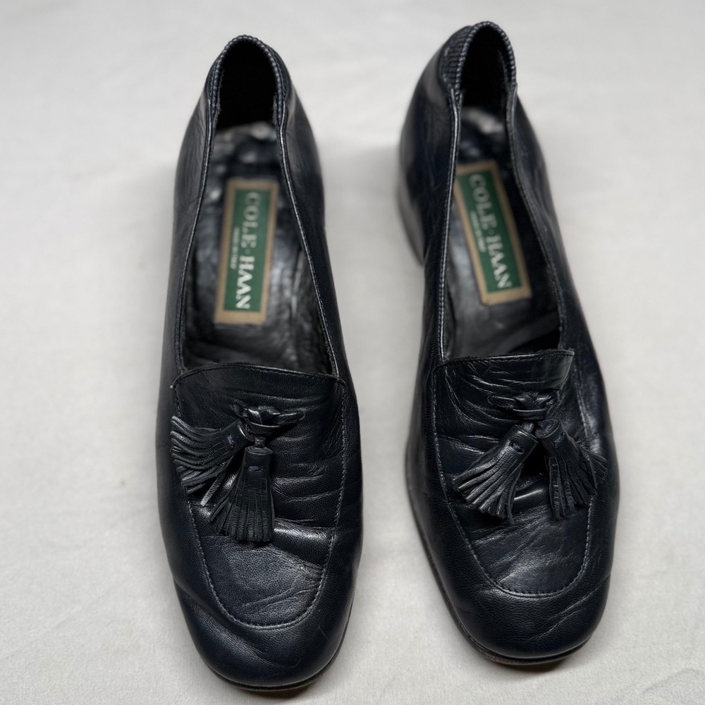 Cole Haan Italy‎ Black Leather Tassel Loafer Pumps Block Heel Women 5.5B Vintage
